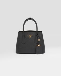 Prada Black Bag, Saffiano Leather Mini Bag, Prada Double Bag, Prada Mini Bag, Prada Mini, Metal Lettering, Leather Mini Bag, Side Snap, Lettering Logo