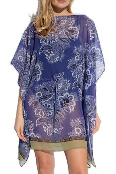 100% Polyester Elegant Beach Tunic For Spring, Silk Tunic For Spring Beach Days, Summer Evening Floral Print Kaftan, Spring Beach Chiffon Kaftan, Sheer Kaftan For Summer Vacation, Summer Evening Flowy Kaftan, Elegant Printed Beach Kaftan, Blue Chiffon Kaftan For Summer, Elegant Sheer Cover-up For Beach