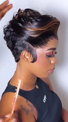 100% Human Hair SLICK BACK SHORT CUT CUTE CURL Pixie Cut Wig with Pre-Plucked hairline. Wig Type:4x4 Lace Wig/13*1*6 T Part Wig,  short pixie cut wigs for african american density 180%. luvmehair BAISI Pxie Full Lace Wig With Highlight Pixie Lace Wig, Pixie Cut Human Hair Wigs, Super Short Pixie Cuts, T Part Wig, Hair Slick, Short Pixie Cut Wigs, Natural Haircuts, Super Short Pixie, Short Cut Wigs