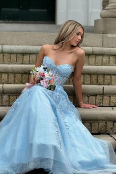 Light Blue Appliques A-Line Formal Dress Sheer Corset, Tulle Material, Long Formal Dress, Line Light, Prom Queens, Corset Bodice, Lace Corset, Prom Night, Long Prom Dress