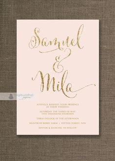 the wedding stationery is shown in gold foil on pink paper with an elegant script