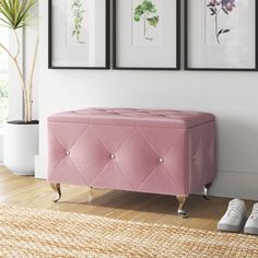 a pink bench sitting on top of a wooden floor next to two framed pictures and a plant