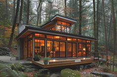 a small cabin in the woods with lots of windows