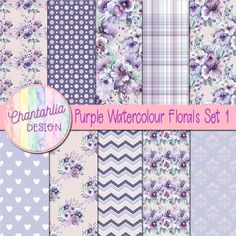 purple watercolour florals digital paper set with hearts, flowers and chevron patterns