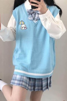 CINNAMOROLL KNITTED SWEATER VEST Color Scheme Outfits, Knitted Sweater Vest, Tops And Bottoms, Sanrio Characters, Kawaii Clothes, Kawaii Girl, Blue Aesthetic, Knitted Sweater, Sweater Vest