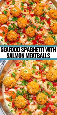 seafood spaghetti with salmon meatballs is shown in two different photos and then on the same plate