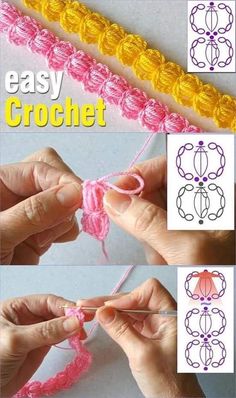 the instructions to crochet are shown in three different colors, including pink and yellow