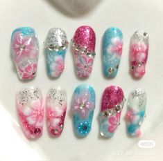 Underwater Nails, Blue Flower Nails, Nails Gyaru, Gyaru Pink, Nails Beach, Hippie Nails, Punk Nails, Grunge Nails