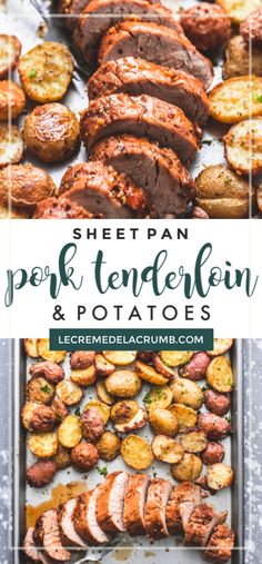 sheet pan pork tenderloin and potatoes with text overlay