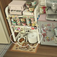 the kitchen is full of food and cooking utensils, including an ice cream dispenser