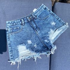 Brand: Shein Size: Xs Color: Blue Condition: Never Worn Chic Blue Jean Shorts For Summer, Chic Blue Jean Shorts For Spring, Blue Ripped Summer Shorts, Summer Ripped Blue Shorts, Blue Ripped Shorts For Summer, Blue Ripped Jean Shorts For Summer, Shorts Ripped, Shein Shorts, Blue Ripped Jeans