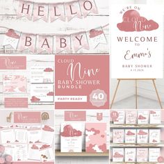 pink and white baby shower party package with welcome sign, bunting banner, cards