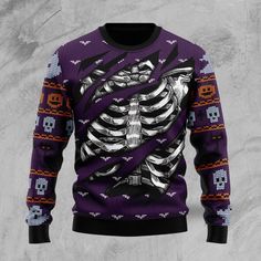 Skeleton Halloween Ugly Christmas Sweatshirt  H Shipping from the US. Easy 30 day return policy, 100% cotton, Double-needle neck, sleeves and hem; Roomy Unisex Fit. Urban Sophistication, Chic Sweater, Purple Christmas, Halloween Party Themes, Halloween Sweater, Skeleton Halloween, Cozy Knit Sweater, Chic Sweaters, Halloween Skeleton