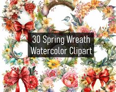 watercolor wreath clipart with flowers and birds on it, including the words 30 spring wreath