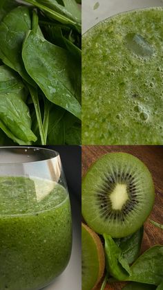 there are two pictures one has a kiwi and the other has spinach