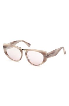 Shapely frames elevate stylish sunglasses with versatile appeal. 54mm lens width; 18mm bridge width; 140mm temple length 100% UV protection Acetate Imported Acetate Cat Eye Sunglasses With Mirrored Lenses, Brown Mirror, Stylish Sunglasses, Max Mara, Cat Eye Sunglasses, Uv Protection, Cat Eye, Horn, Temple