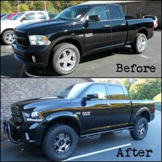 before and after photos of a black dodge ram truck