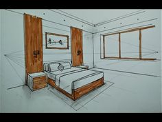 a drawing of a bedroom with a bed and dresser