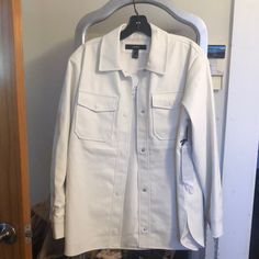 Size Small Ivory Shacket In Faux Leather Material No Imperfections! I Ship Asap Mon - Sat White Utility Jacket With Button Closure For Work, White Collared Utility Jacket For Fall, White Outerwear With Snap Buttons For Work, White Snap Button Outerwear For Work, White Utility Outerwear For Work, White Collared Outerwear For Day Out, Forever 21 White Trendy Outerwear, White Button-up Utility Outerwear, Trendy White Outerwear From Forever 21