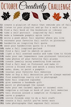 a list with autumn leaves and the words october creativity challenge