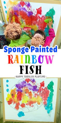 two children's handprinted rainbow fish artwork on a white board with text sponge painted rainbow fish happy toddler playtime