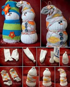 the instructions for sock snowman booties are shown in several different styles and colors