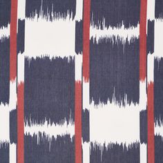 an abstract pattern with red, white and black stripes on a dark blue fabric background