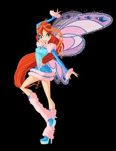 a cartoon fairy with pink hair and boots holding a butterfly in her hand, on a black background