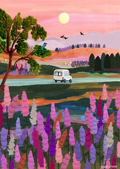 a painting of a camper parked in the middle of a field with flowers and birds flying around