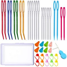 a bunch of different colored pens and scissors in various sizes, shapes, and colors