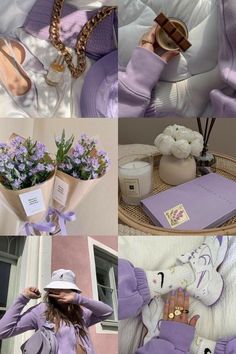 a collage of photos with purple outfits and flowers in vases on the table