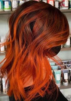 Orange Color Hair Ideas, Orange Hair Balayage, Orange Bayalage Hair, Orange Hair Ombre, Brown To Orange Ombre, Orange Balayage Hair, Orange Fall Hair, Brown Hair With Orange Highlights, Orange Highlights In Brown Hair