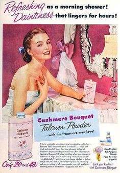 an old advertisement for talcan powder with a woman in the bathroom smiling and looking at her reflection