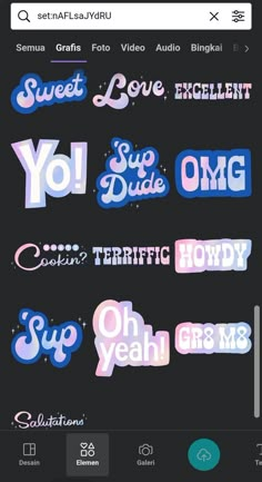 some type of stickers that are on a cell phone and the text is in different colors