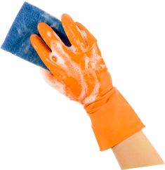 a person wearing orange gloves holding a blue sponge