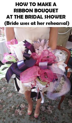 the bridal shower craft ribbon bouquet is shown in purple and pink colors with ribbons on it