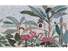 two pink flamingos are standing in front of some green leaves and other plants on a mosaic tile wall