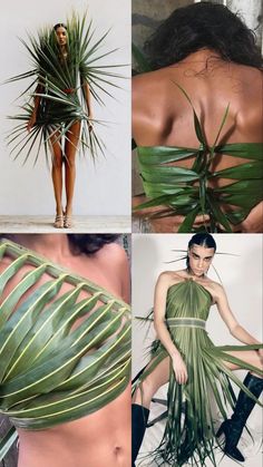 four different pictures of women with palm leaves on their backs, and one woman in a green dress