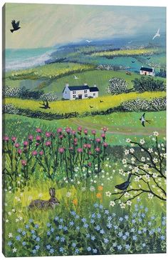 a painting of flowers and birds in a field with houses on the hill behind it