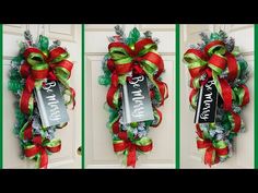 three pictures of a christmas wreath hanging on a door