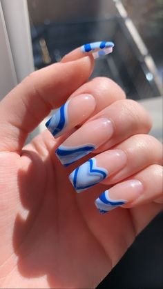 Trendy nails Heart nails, Gel nails, Acrylic nails Blue Heart Nails Acrylic, Blue Retro Nails, Ken Nails, Gel Acrylic Nails, Blue Acrylic Nails, Blue Y2k, Minimal Nails, Long Acrylic Nails Coffin, Acrylic Nails Coffin Pink