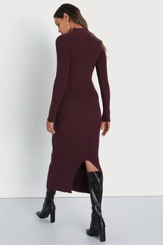 Flaunt your stuff as the leaves fall in the Lulus Autumnal Sensation Plum Purple Ribbed Long Sleeve Sweater Dress! Soft and stretchy ribbed knit shapes this casually chic dress that features two functional tortoise buttons at the mock neckline for a cute detail, all framed by long sleeves. The figure-hugging silhouette shows off your curves just right before falling to a sophisticated midi hem with a kick pleat at back. Pair with your favorite boots for that perfect cold weather look! Fit: This Long Ribbed Sweater Dress For Fall, Long Ribbed Bodycon Sweater Dress, Knit Bodycon Dresses For Fall, Fall Knee-length Knit Bodycon Dress, Long Bodycon Sweater Dress For Fall, Ribbed Knit Bodycon Dress For Fall, Chic Ribbed Bodycon Dress For Fall, Fall Season Knit Stretch Bodycon Dress, Ribbed Stretch Dresses For Fall