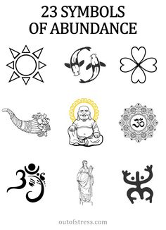 the symbols and meaningss of buddhist deities in black and white, with text overlaying