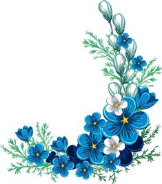 blue and white flowers are arranged in the shape of a half circle on a white background