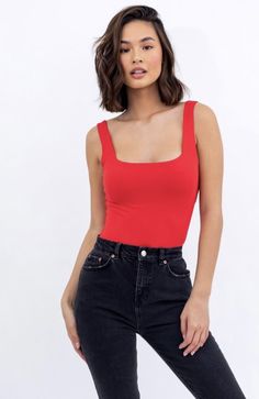 Bright Red Square Neck Bodysuit Red Bodysuit Outfit, Neckline Slimmer, Body Outfit, Red Bodysuit, Square Neck Bodysuit, Body Suit Outfits, Red Square, Ribbed Bodysuit, Sleeveless Bodysuit