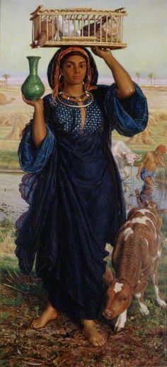 a painting of a woman holding a bird cage over her head while standing next to a dog