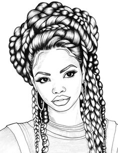 a black and white drawing of a woman with long braids