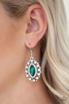 Featuring a regal marquise style cut, a glittery green rhinestone is pressed into a studded silver frame radiating with glassy white rhinestones for a timeless look. Earring attaches to a standard fishhook fitting. Sold as one pair of earrings. P5RE-GRXX-122XX Paparazzi Accessories Jewelry, Sparkle Jewelry, Fish Hook Earrings, Paparazzi Accessories, White Rhinestone, Green Earrings, Paparazzi Jewelry, Affordable Jewelry, Silver Frame