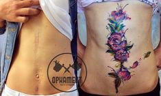 a woman's lower back tattoo with flowers and leaves on her stomach, before and after it has been tattooed