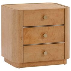 a wooden nightstand with three drawers and two knobs on the bottom, one drawer open